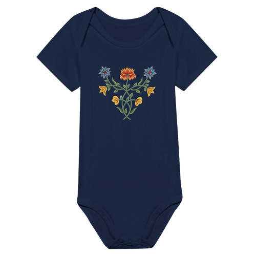 Nordland-inspirert body til baby i marineblått med blomstermønster