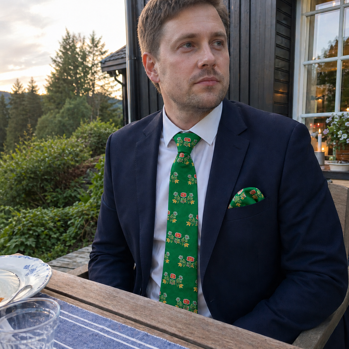 Grønt Nordlandslips med blomstermønster brukt til mørk dress utendørs